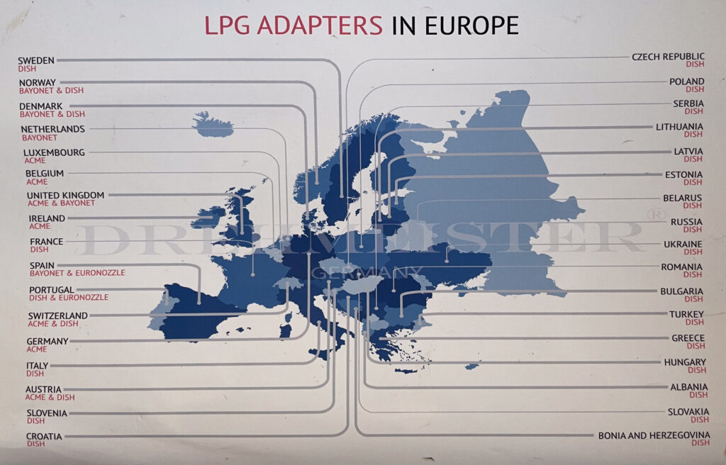 Euroopan kartta, jossa näkyy, millainen LPG-adapteri on missäkin maassa käytössä.
